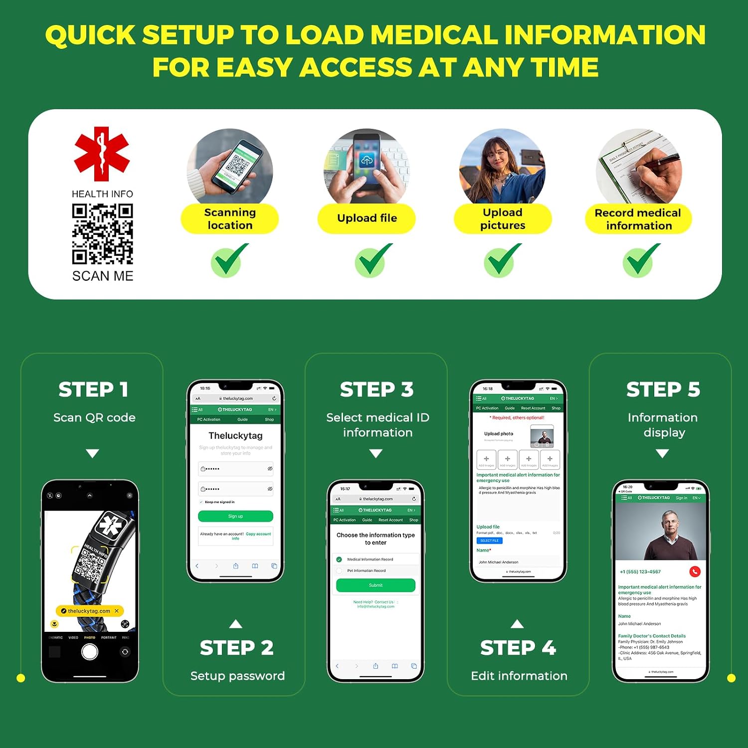 Upgraded Men's Medical Alert ID Bracelets - 7''-8'' Vintage Woven Leather Wristband With QR Code & Stainless Steel Buckle - More Space for Emergency Info