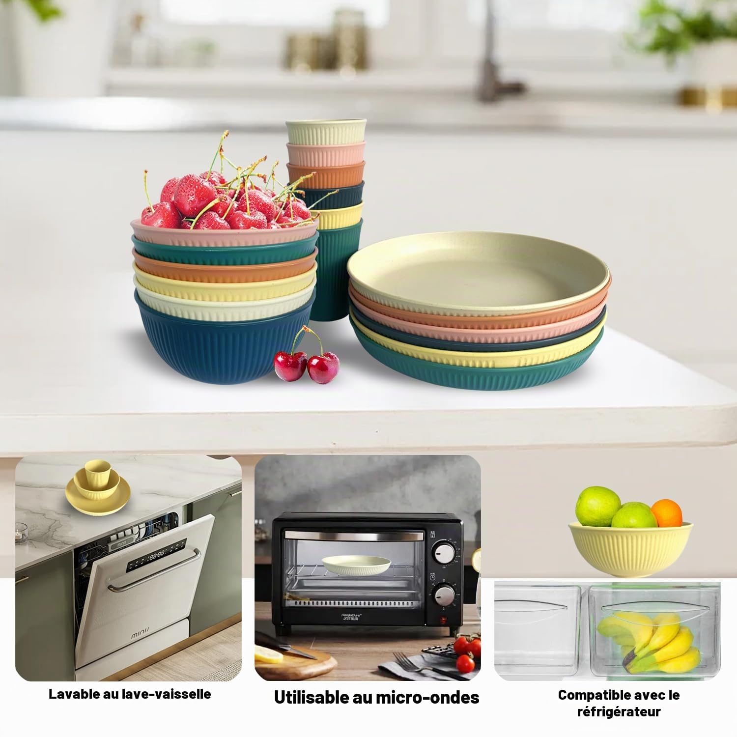 Assiettes de camping incassables pour 6 personnes, ensemble de pique-nique en plastique pour fête, maison et pique-nique, léger, passe au micro-ondes et au lave-vaisselle (couleur)