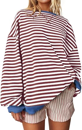 UEU Women Oversized Striped Crewneck Sweatshirt Long Sleeve Casual Pullover | Loose Fit Y2K Tops, Soft Sweatshirt Fabric, Color Block, Lounge Fall Streetwear, Workout Shirt