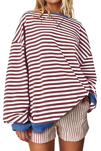 UEU Women Oversized Striped Crewneck Sweatshirt Long Sleeve Color Block Pullover Tops Casual Loose Workout Shirt