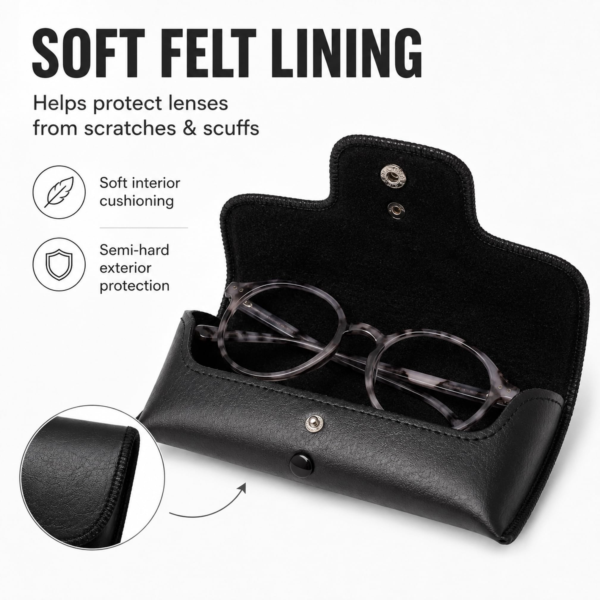 Calabria Double Snap Belt Loop Eyeglass Case PU Leather Black