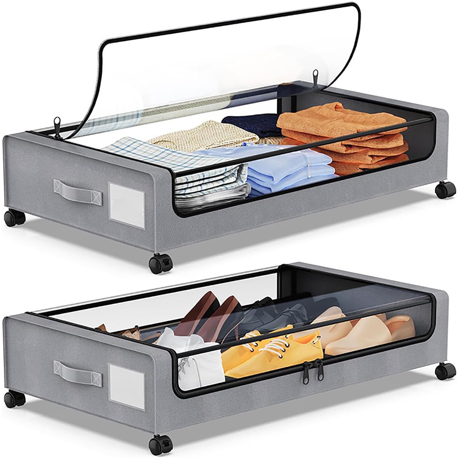 Under Bed Storage On Wheels, 2 Pack Rolling Underbed Metal Containers Box, PVC Window, Sofa Drawers for Clothes Shoes Blankets,Gray