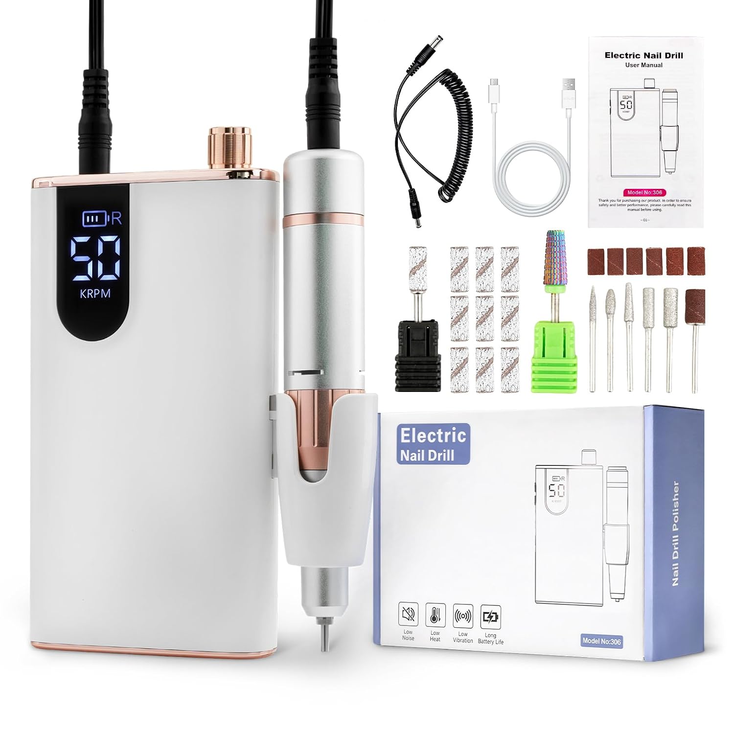 Professional Electric Nail Drill 50000RPM, Portable Nail File for Acrylic Gel Nails, Cordless Rechargeable Salon-Grade Ultra Power Nail Drill Kit for Shaping, Polishing & Removing Gel Nails