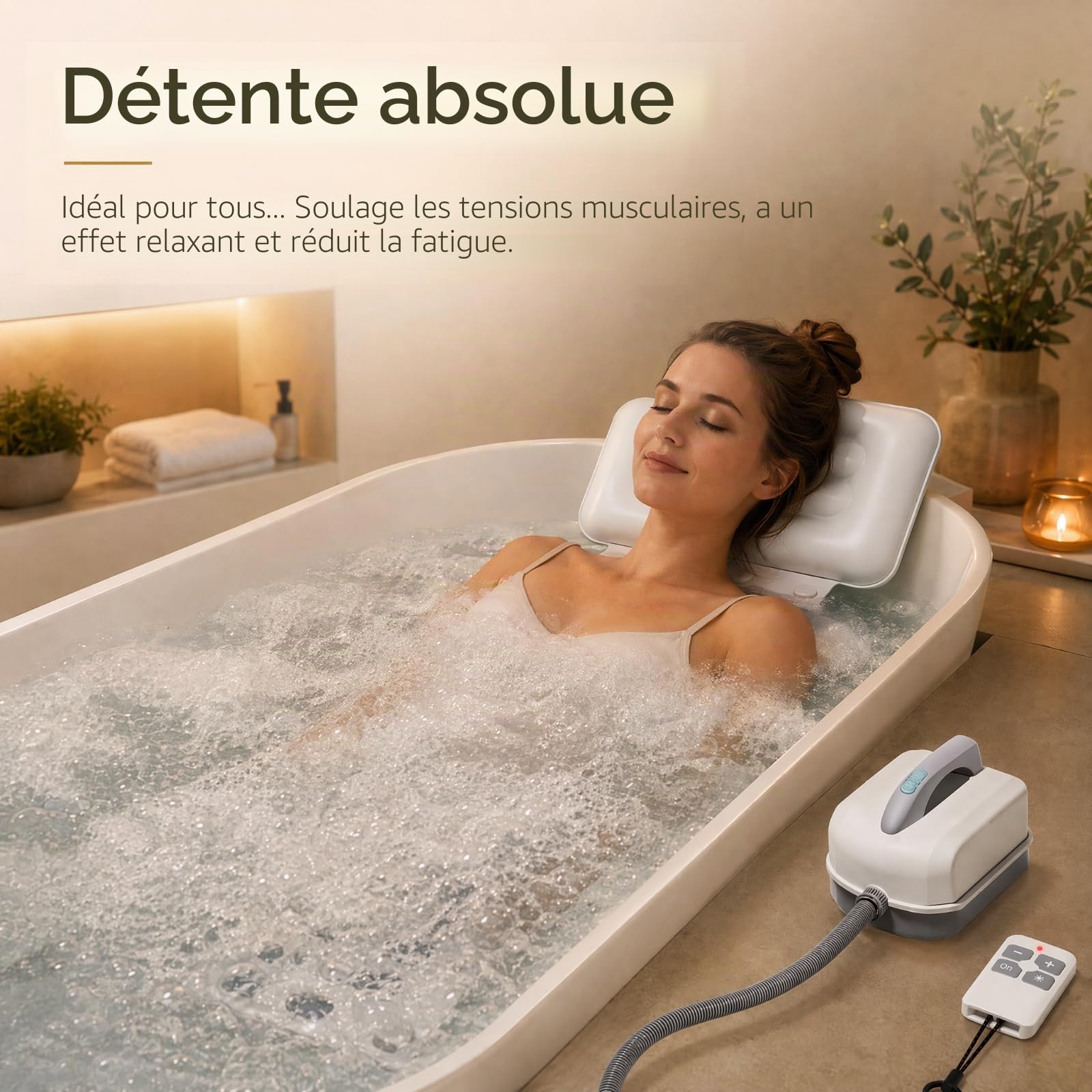 Tapis de bain à bulles avec coussin, portable à bulles avec 6 vitesses pour la relaxation à la maison, ventouses antidérapantes