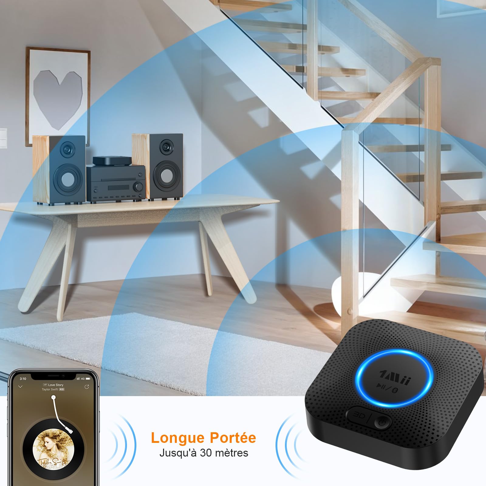 1Mii B06+ Recepteur Bluetooth, Adaptateur Bluetooth 5.3 pour Système Stéréo Domestique, avec aptX HD/Adaptive,3D Surround, Récepteur Bluetooth pour Haut-Parleurs