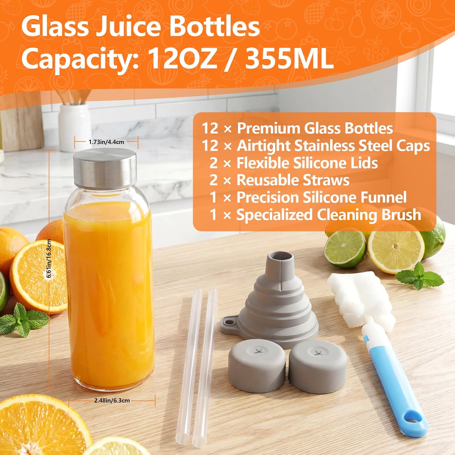 Glass Juice Bottles with Lids 12 oz, 12 Pack Reusable Glass Bottles with Stainless Steel Caps & Straws, 100% Leak proof Juice Bottle Containers for Juicing, Milk, Smoothies & Fridge, BPA-Free