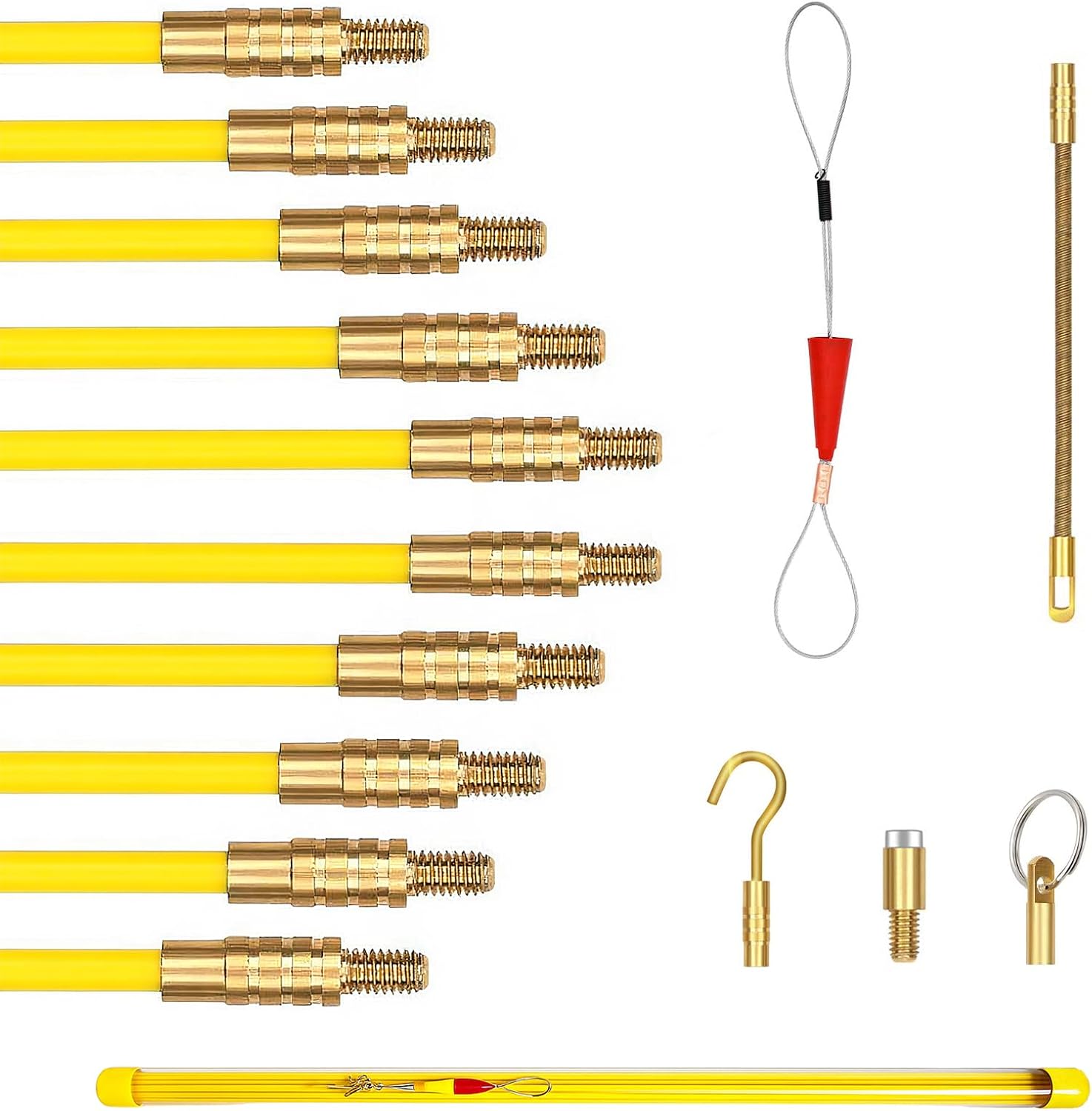 50' Fiberglass Cable Wire Running Rod Coaxial Electrical Connectable Fish Tape Pull Kit with Hook and Hole Kit in Transparent Tube, Yellow