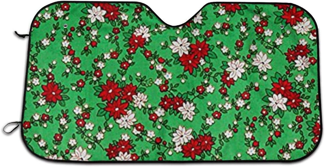 Storybook Christmas Poinsettias Green Car Windshield Sunshade - Wind Shield Sun Shade - Visor Heat Shield Protector - Keeps Out UV Rays - Protects Vehicle Interior & Keeps It Cool
