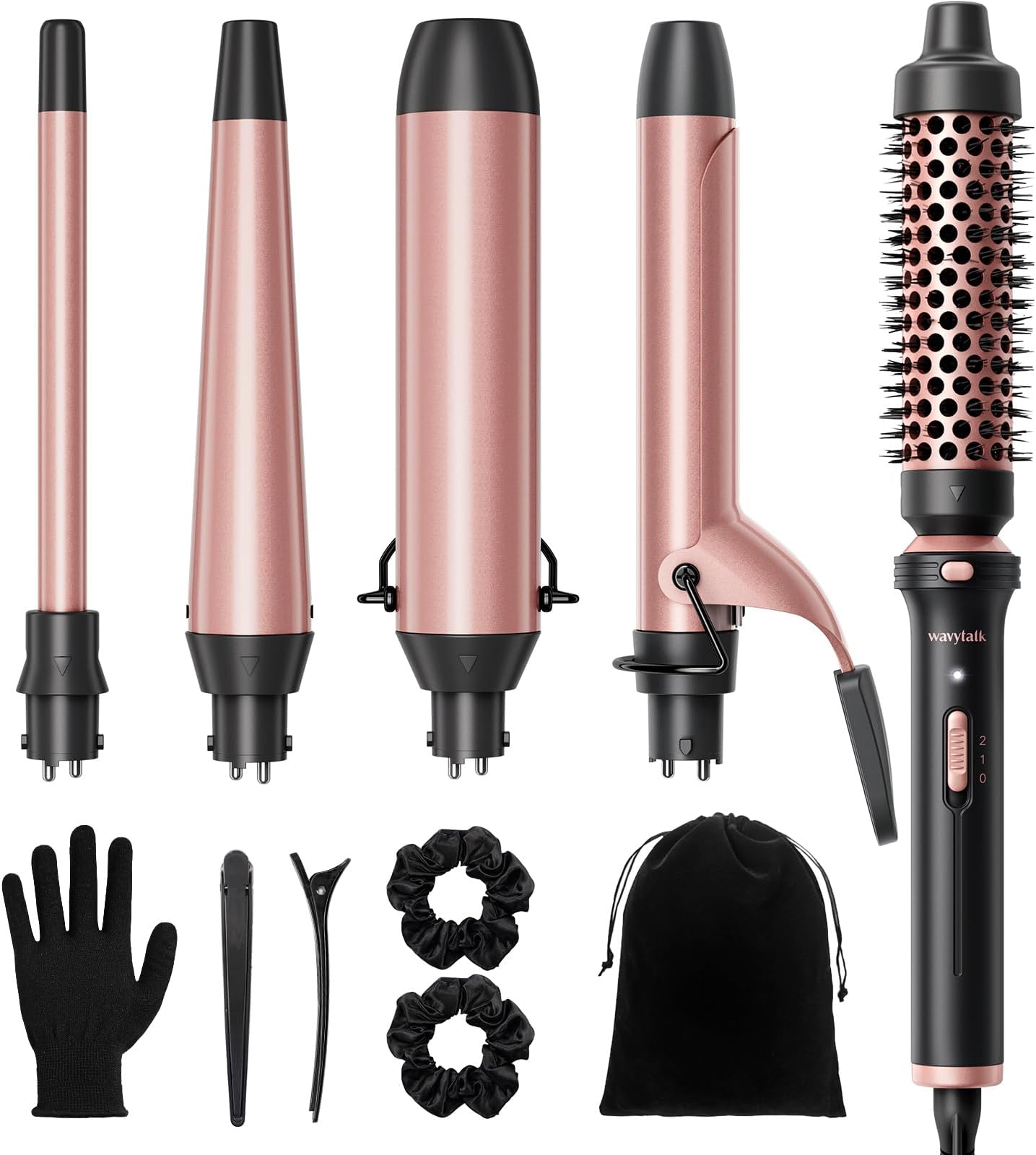 Wavytalk 5 in 1 Interchangeable Ceramic Curling Iron Set with Thermal Brush, 0.5"-1.5" Barrels, Instant Heat Up, Dual Voltage