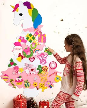 Felt Christmas Tree for Kids - Unicorn Style DIY 3.6 Ft Oversized Wall Hanging Christmas Tree for Toddlers, New Year Party Favors