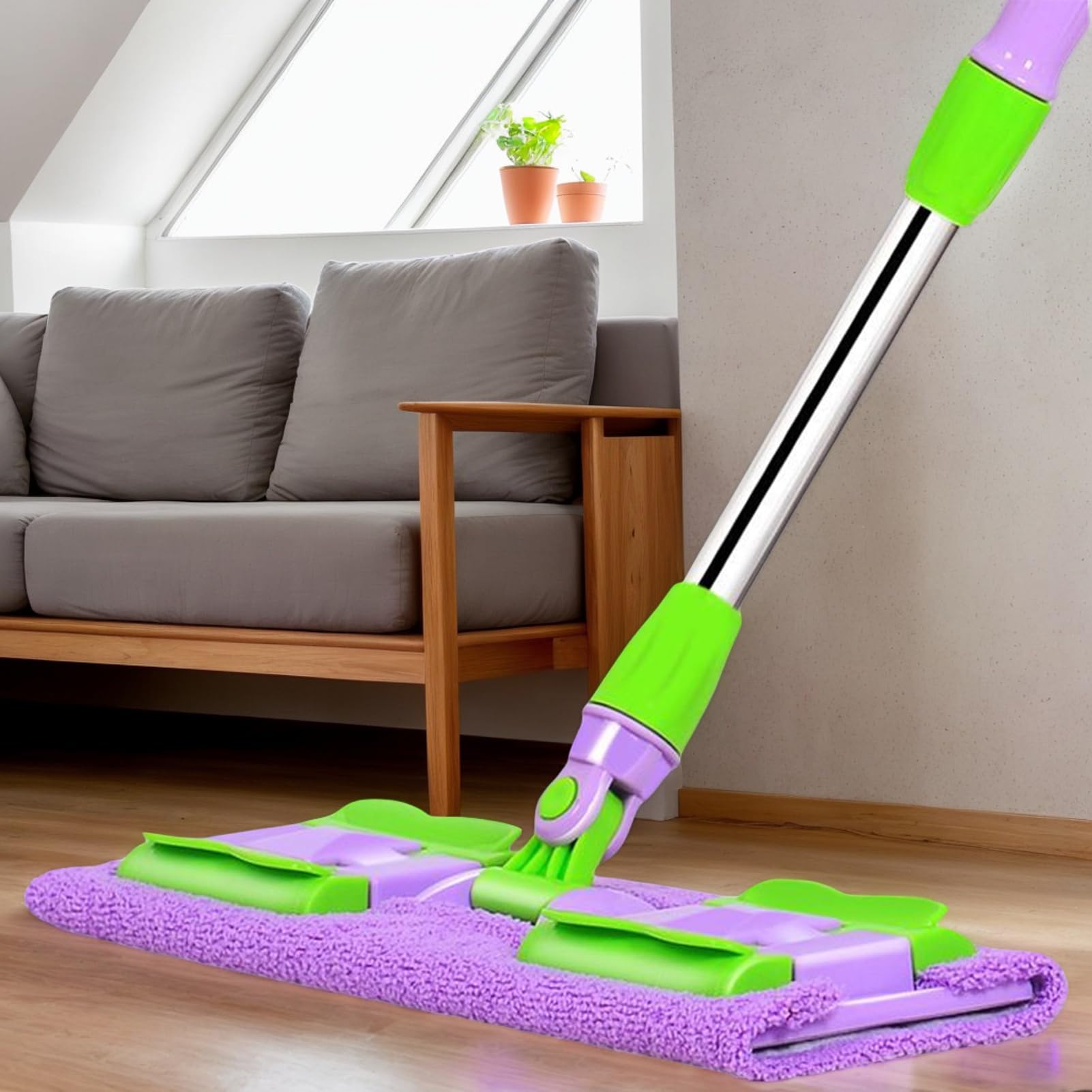 Mopa quitapolvo Mango Telescópico Giratorio 360 Grados | Mopa Azulejos 4 Almohadillas Lavables Fregona para cocina, baño, garaje, exterior, baldosas y laminados