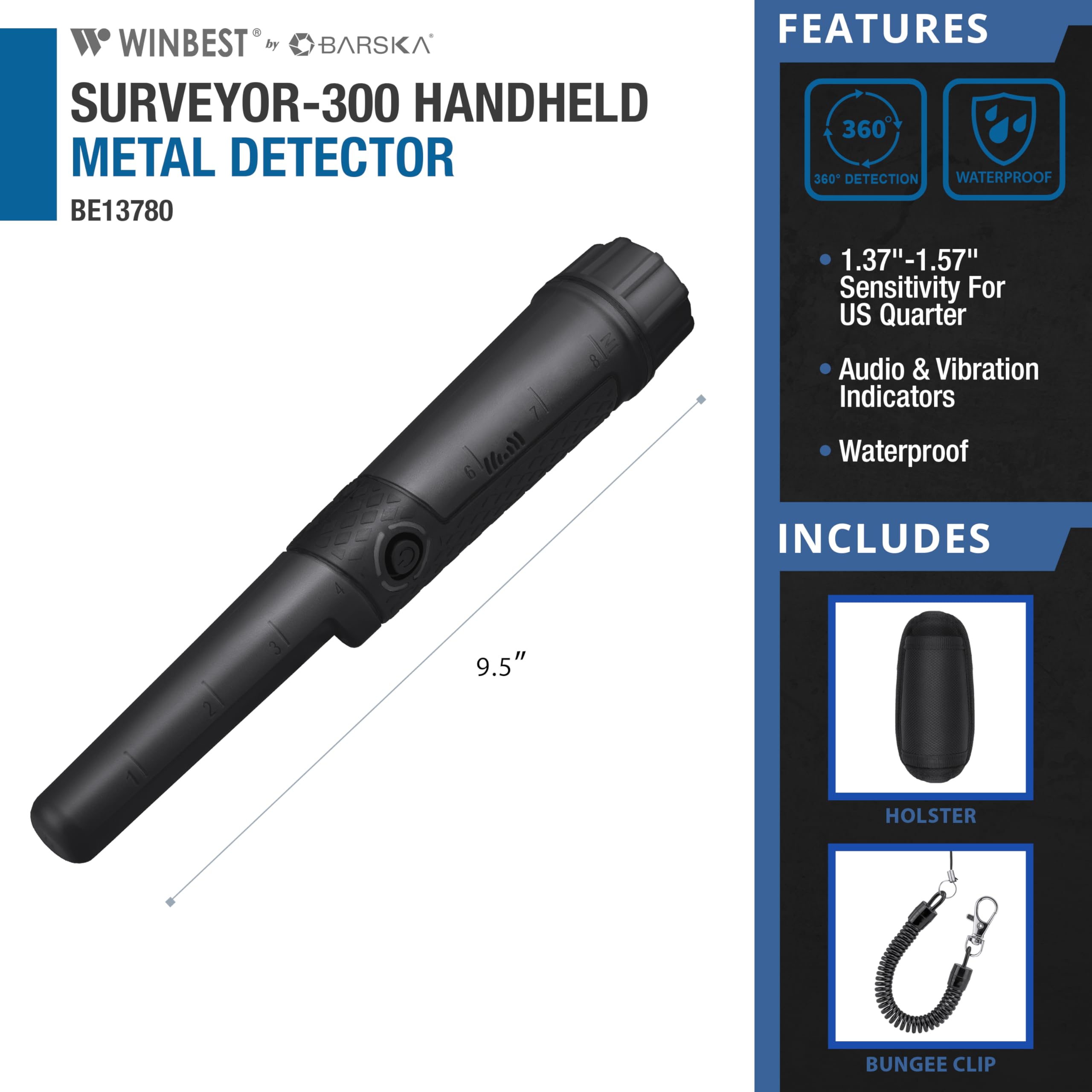 Winbest SURVEYOR-300 Waterproof Handheld Portable Wand Pinpointer Metal Detector with LCD Display & Holster, Sound & Vibration Alerts, Built-in LED Flashlight