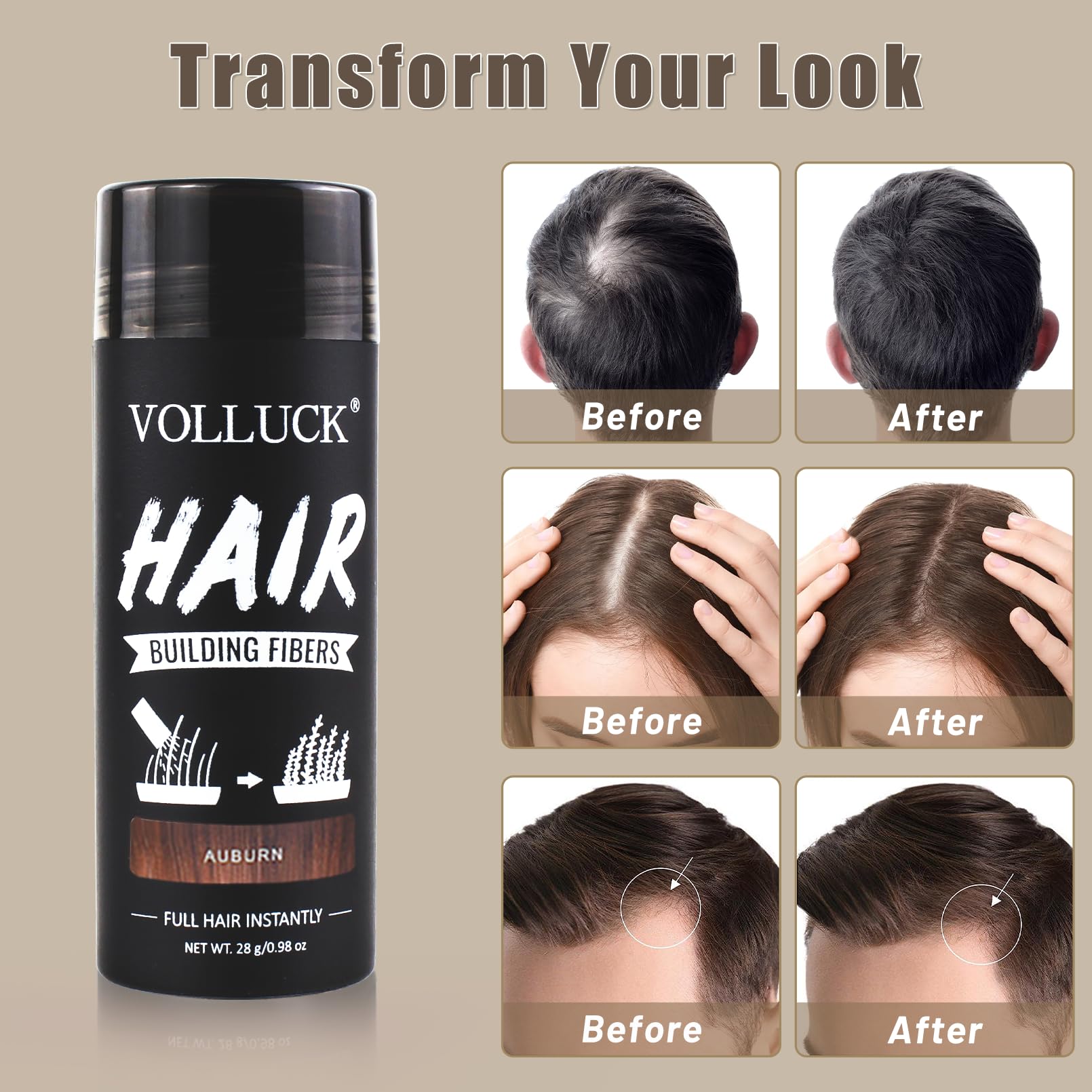 VOLLUCK Hair Fibres 28g, Instant Coverage for Thinning Hair, Adds Natural Thickness & Fullness, Lightweight, Natural Look - Image 2