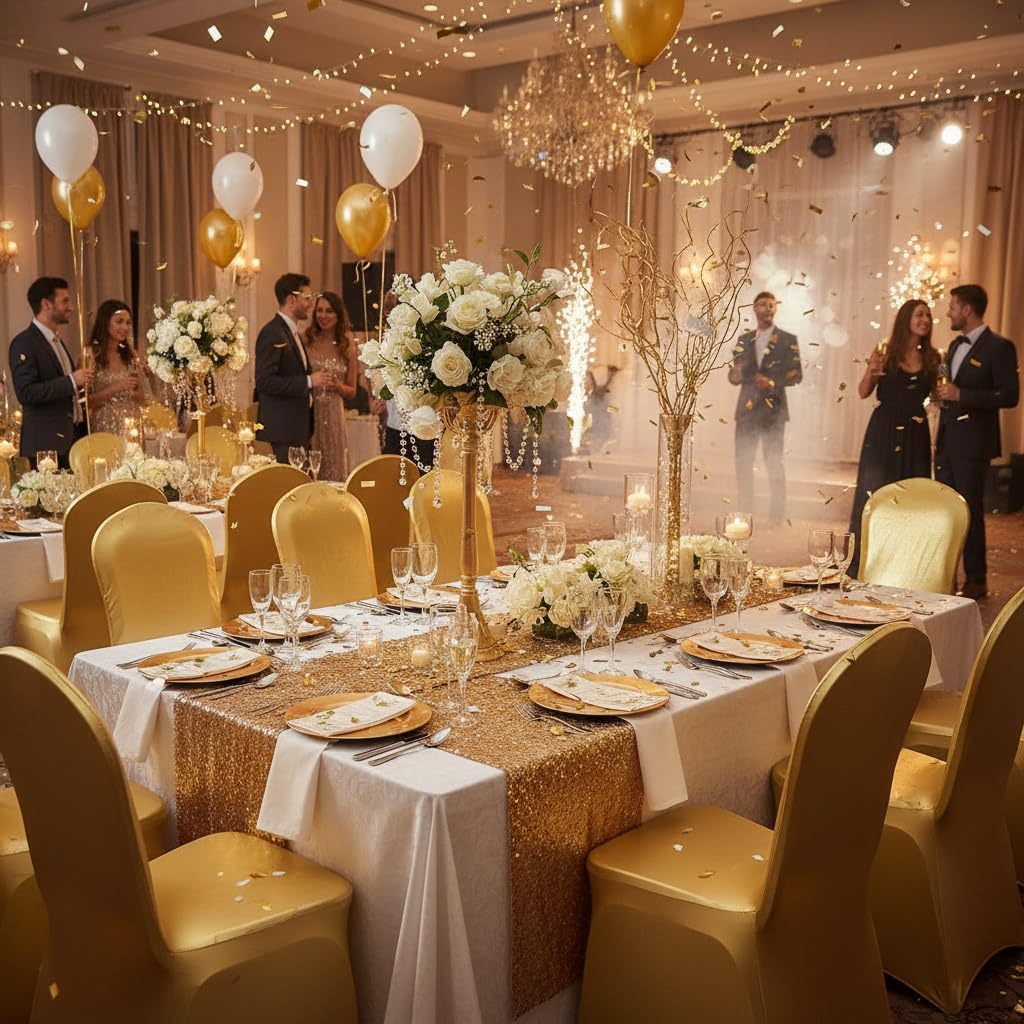 10 Pieces Stretch Polyester Spandex Dining Chair Cover Covers Slipcovers for Wedding Banquet Party (10, Metallic Gold)