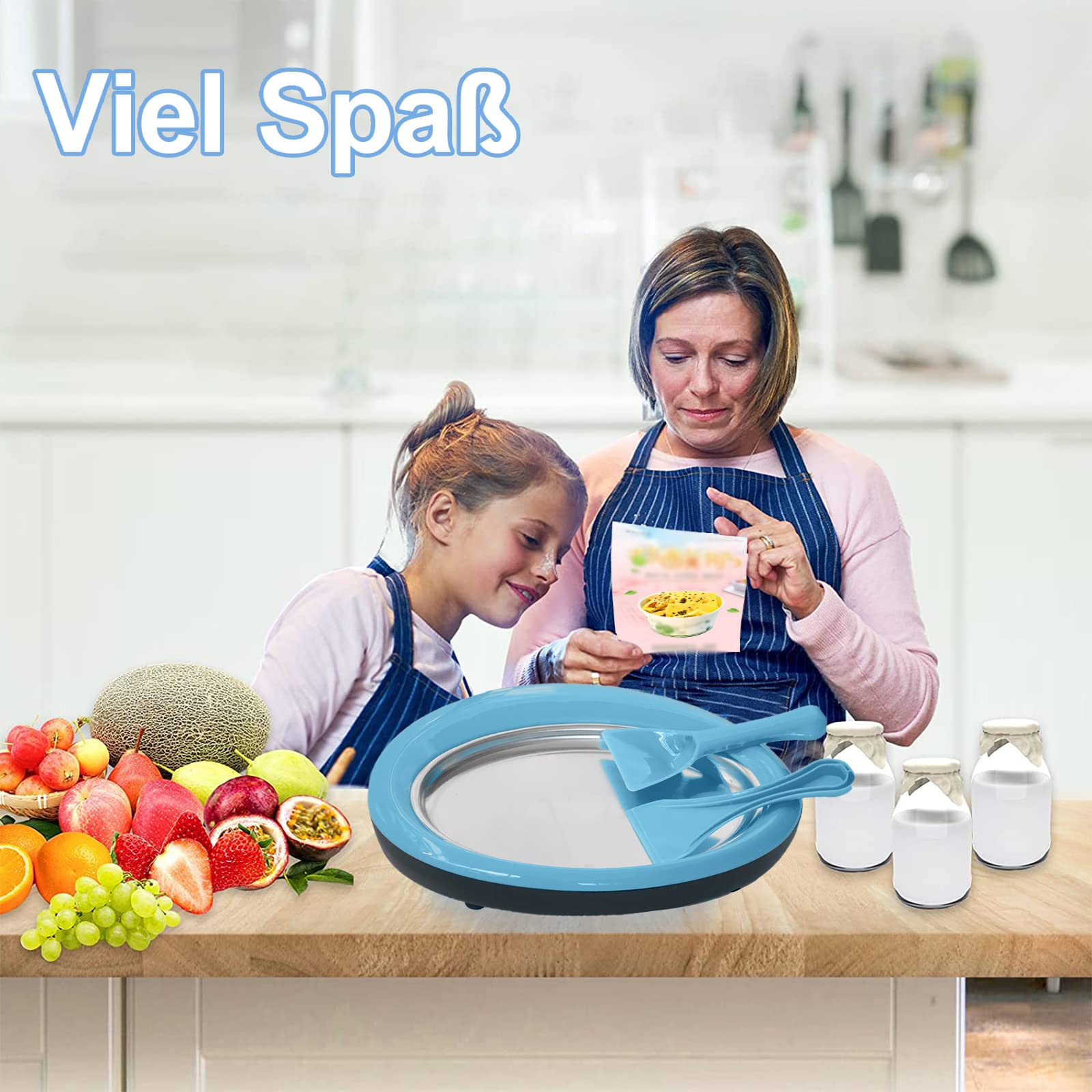 Maszyna do lodów, DIY rękodzieło, stal nierdzewna, jakość spożywcza, maszyna do lodów rolowanych, płyta lodowa z 2 szpatułkami, mrożony jogurt, sorbet, lody, niebieski, ręczny, pielęgnacja
