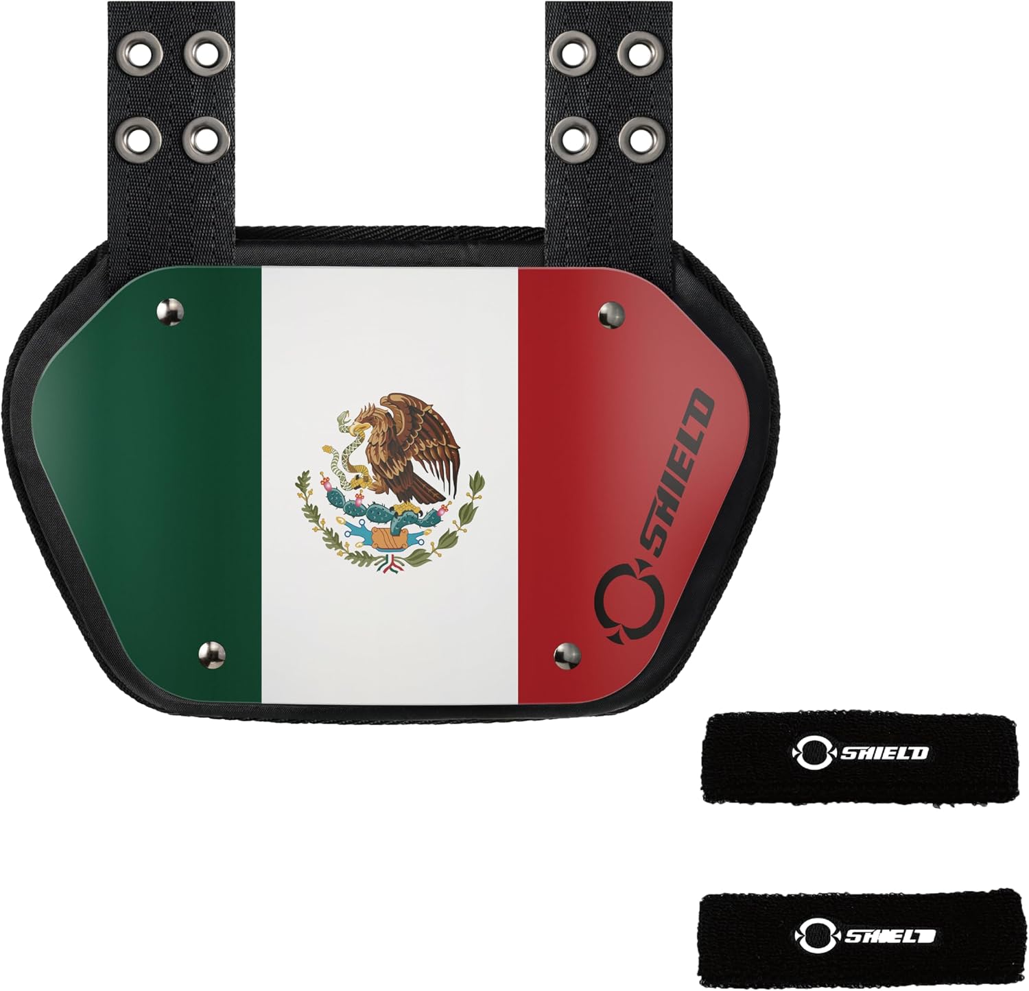 O Shield Mexican Flag Football Backplate with Black Sports Arm Band, Backplate Football with Bicep Band, Sold by Package