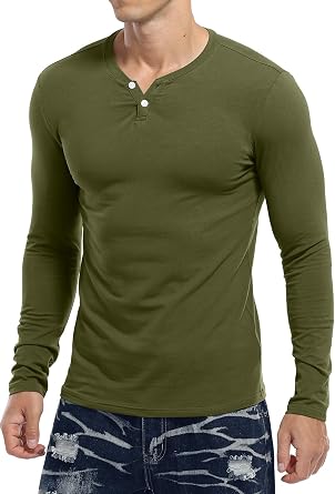 KUYIGO Mens Henley Shirts Slim Fit Long Sleeve Casual Cotton V Neck Tops