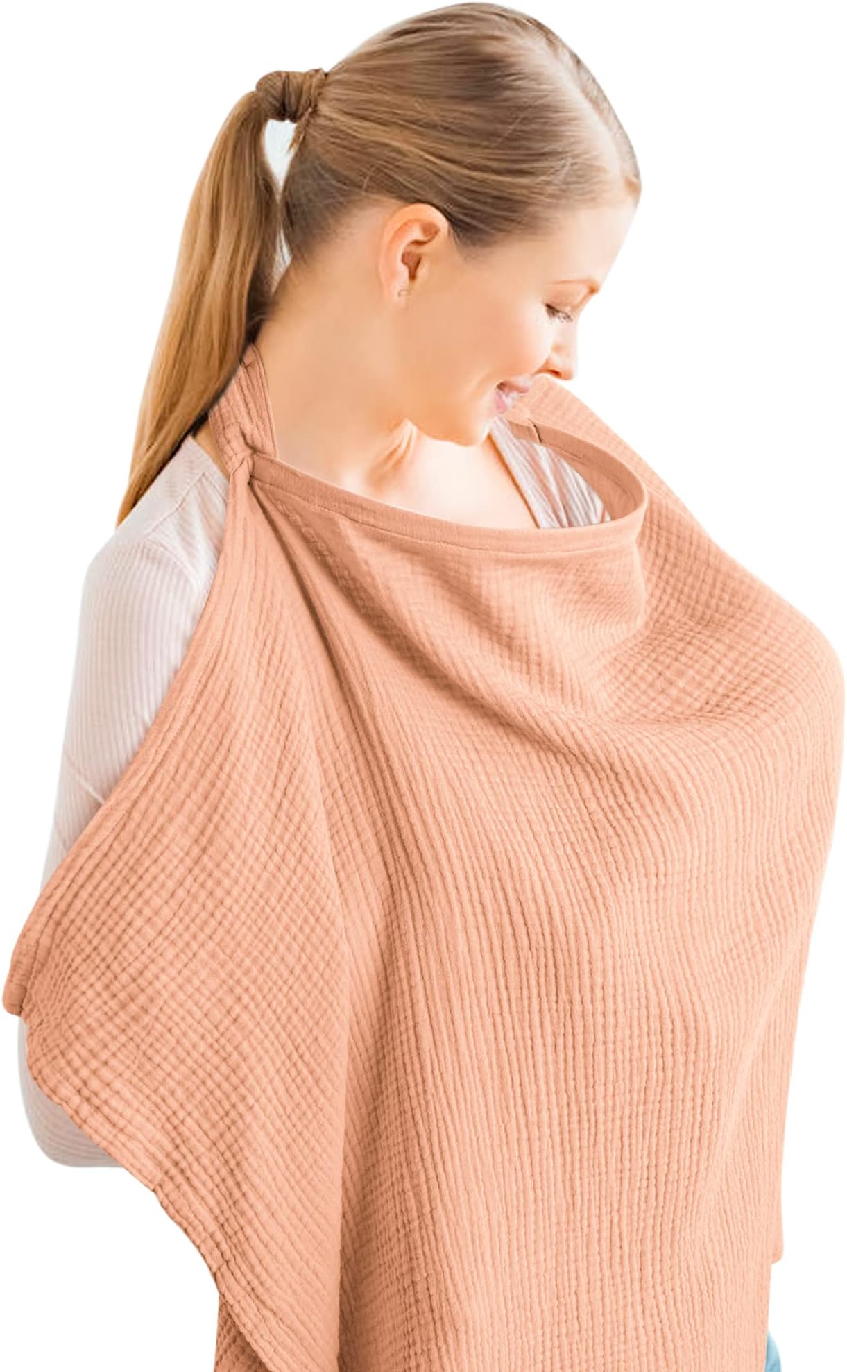 KonssyMuslin Nursing Cover for Baby Breastfeeding, Breathable 100% Cotton Breastfeeding Cover with Rigid Hoop for Mother Nursing Apron, Multi-use Carseat Canopy (Peach)