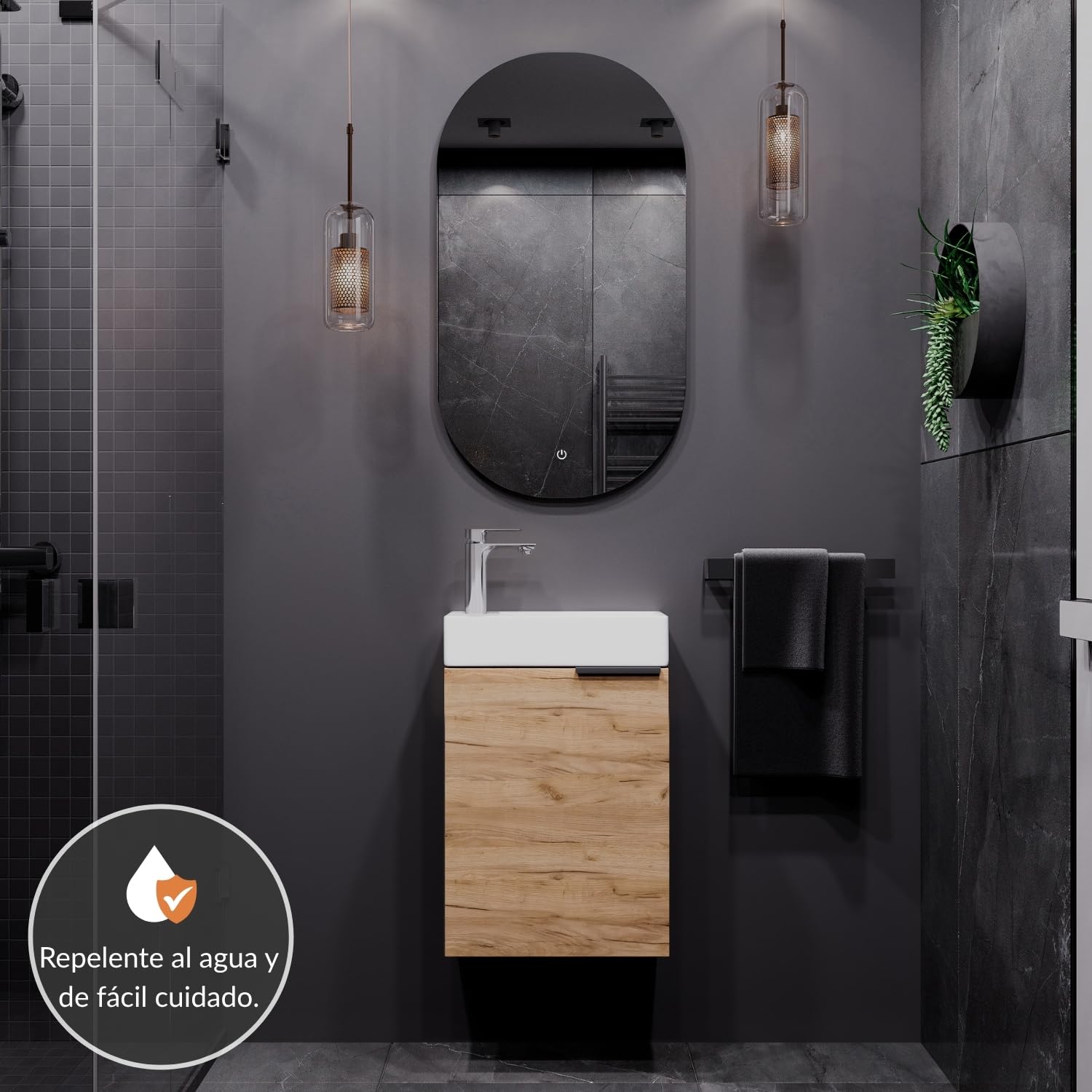 Planetmöbel Mueble bajo Lavabo con Espejo Mueble de baño Set 40 cm para baño y Aseo de Invitados Roble Dorado