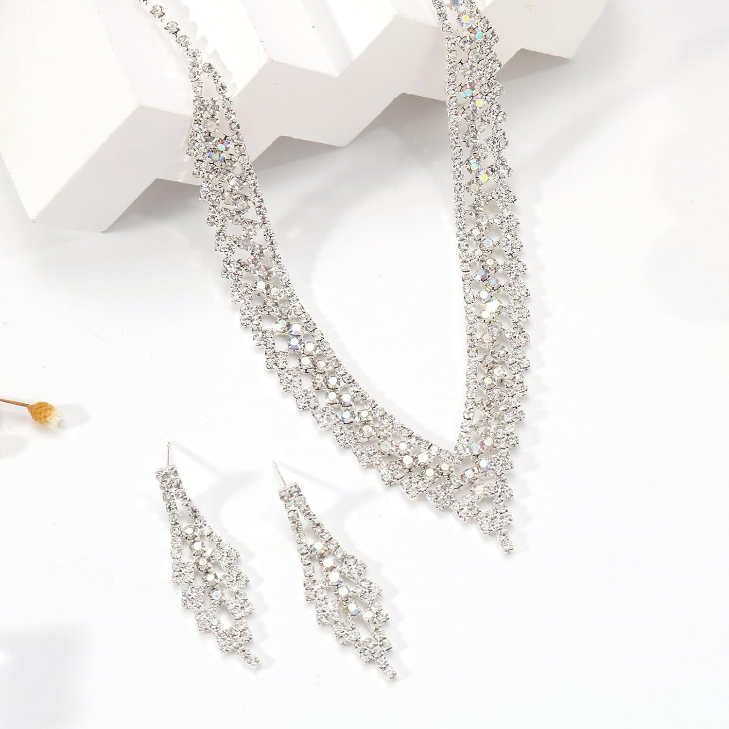 Jewelry Sets for Women, Silver Ab Rhinestone Bridal Wedding Jewelry Sets for Brides Teardrop Statement Necklace Dangle Earrings Set - Image 4