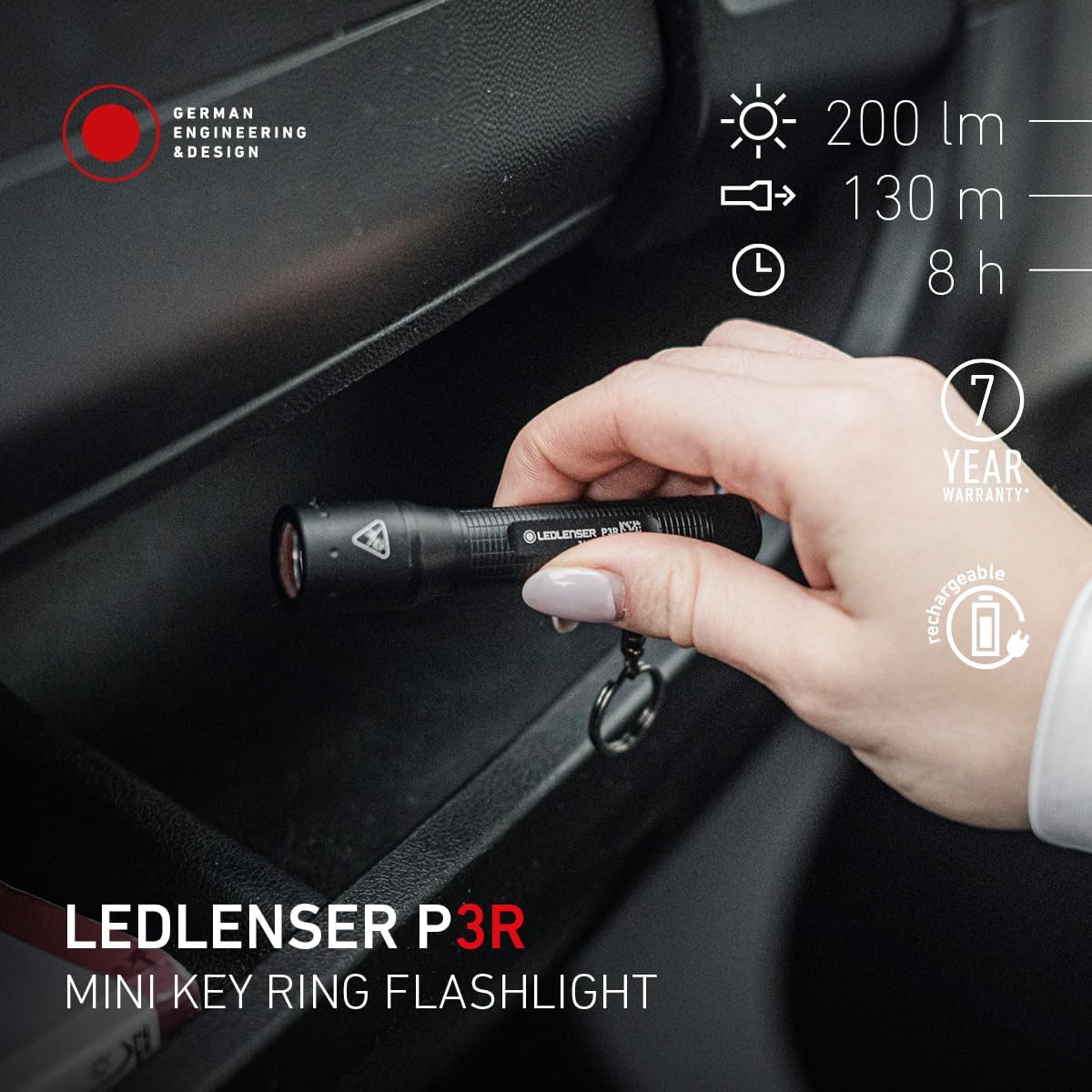 Ledlenser P3R Keychain Flashlight - Compact and Durable Light - Advanced Focus System - Up to 200 Lumens - Recycled Aluminum - USB-C or AAA Battery Option - for Everyday Use at Home or Outdoor