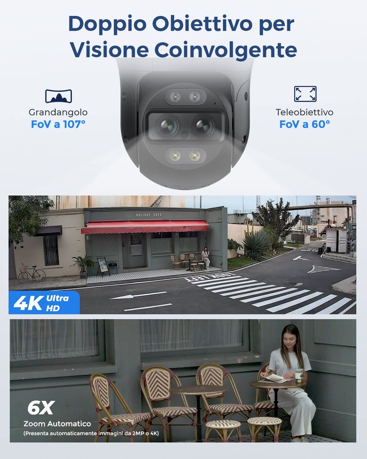 Reolink 4K PTZ Telecamera PoE Esterno a Doppio Obiettivo, 6X Zoom Ibrido, Panoramica a 355° e Inclinazione a 90°, Rilevamento Uomo/Veicolo/Animale, Audio 2 Vie, Visione Notturna a Colori, TrackMix PoE