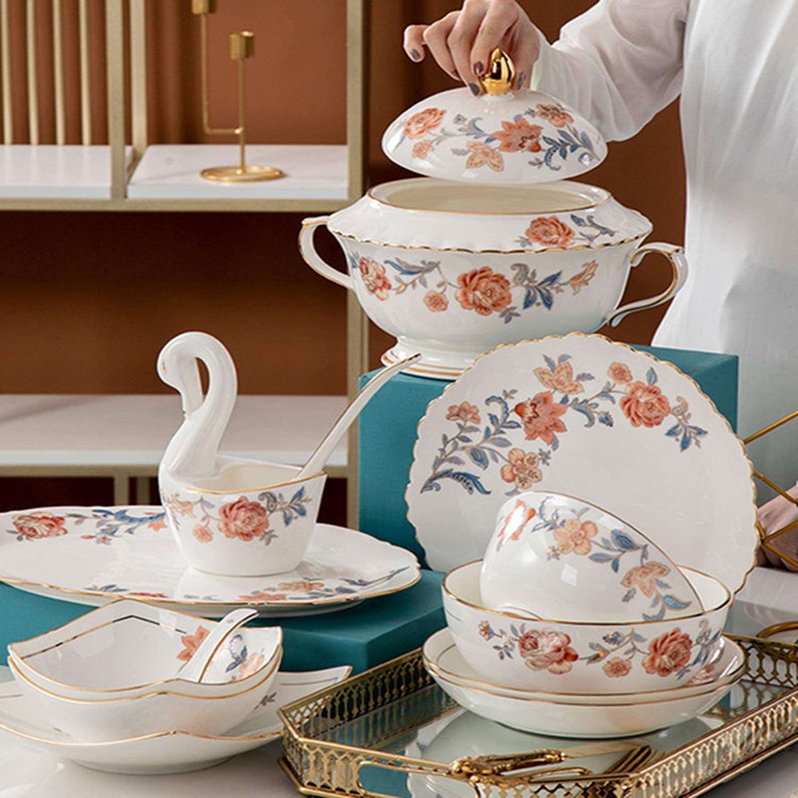 Klasyczna zastawa stołowa z ceramiki, zestawy obiadowe z ceramiki, 58 sztuk wysokiej jakości zestaw obiadowy z porcelany kostnej z garnkiem do zupy