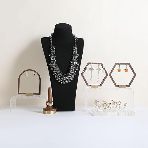 Miniatura 5 de GemeShou 3 piezas de soporte organizador de aretes de madera, ganchos de pendientes de nogal con base de latón, pequeña exhibición de aretes lindos