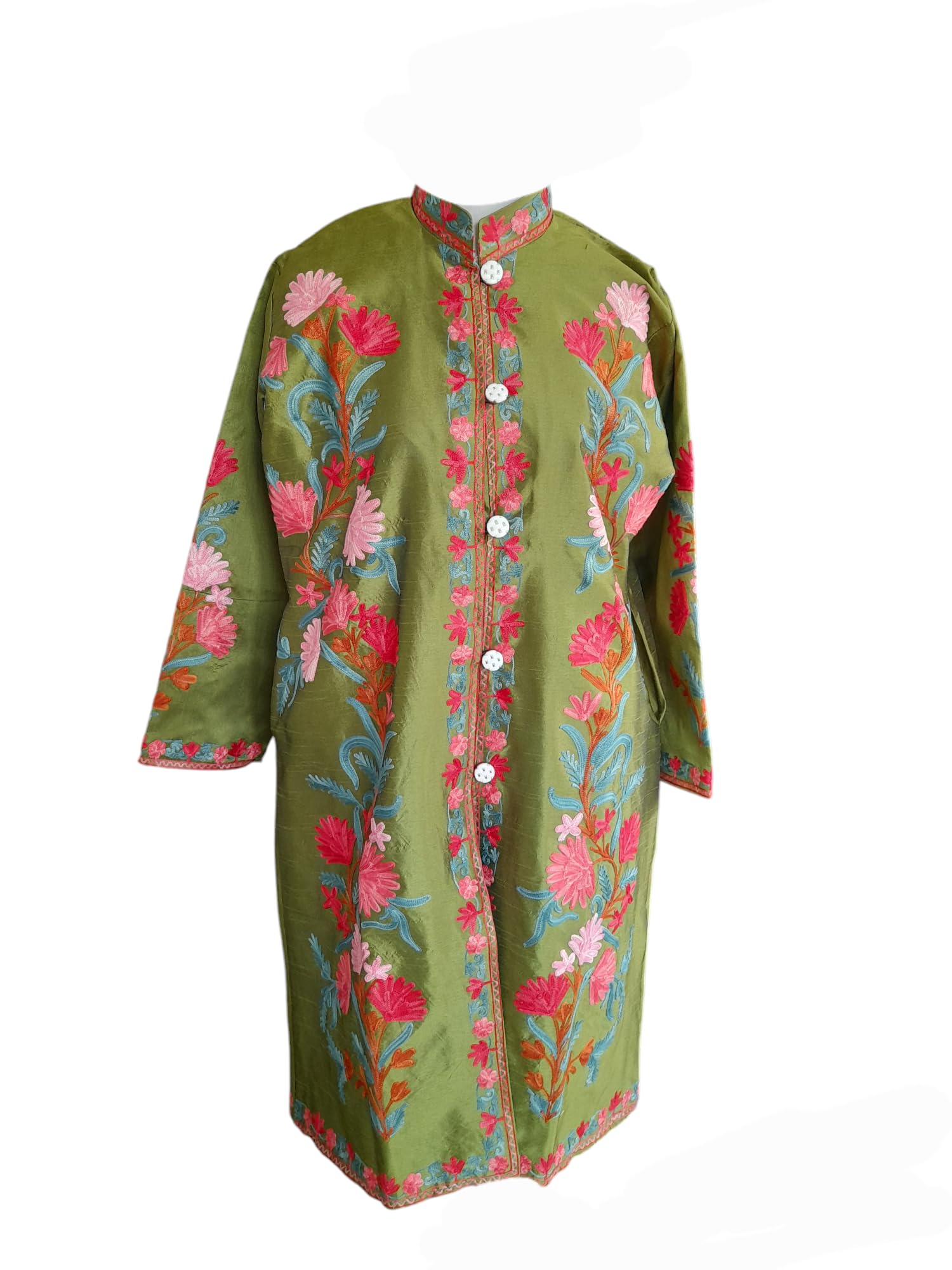 kashur pooshak Kashmiri aari embroidery silk coat for women with attach lining || Green color || L: 42" B: 24" Sleeves: 22" Pockets:2-picture-49
