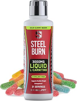 SteelFit Steel Burn, Premium Liquid L-Carnitine, 3000mg - Stimulant-Free & Clean Workout Drink for Men & Women Supports Healthy Weight Loss Management & Fat Metabolism - 31 Servings, Sour Gummy Worm