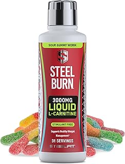 SteelFit Steel Burn, Premium Liquid L-Carnitine, 3000mg - Stimulant-Free & Clean Workout Drink for Men & Women Supports Healthy Weight Loss Management & Fat Metabolism - 31 Servings, Sour Gummy Worm