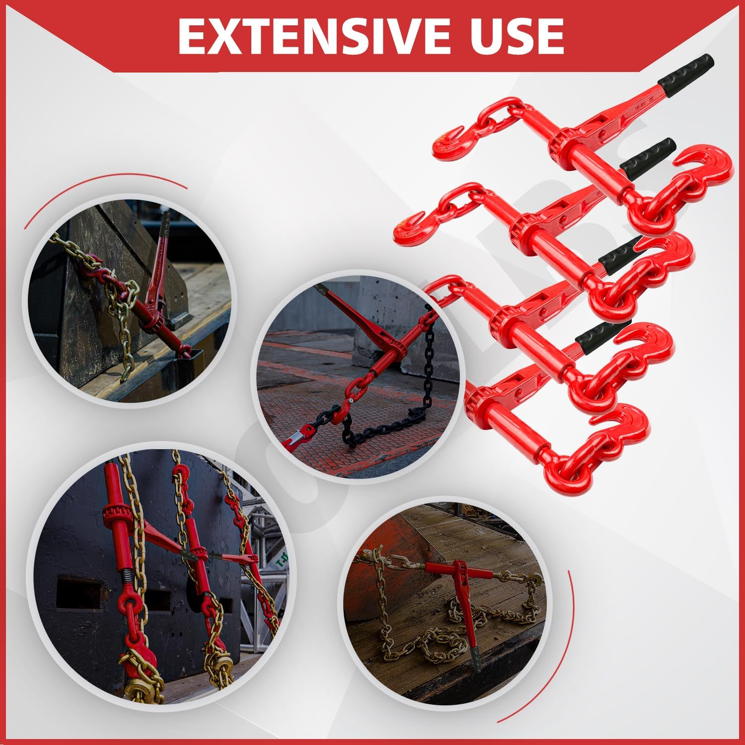 Ratchet Chain Binders 3/8'' - 1/2‘’ - 4 Pack Load Binder with 2 Grab Hooks - Tie Downs for Grade 70 Transport Chain - 9,200 Lbs. Safe Working Load - Heavy Duty Ratchet Binders for Towing