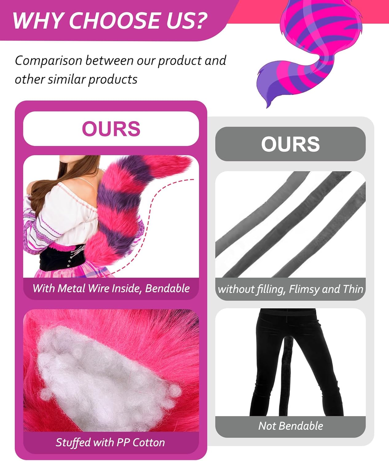 Roicaholy Purple Cat Ears Tail Set - Fluffy Faux Fur Bendable Tail | Ears Headband | Paw Glove | Animal Costume for Halloween - Image 3