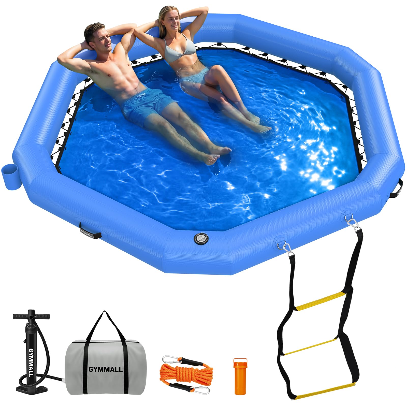 GYMMALL Aufblasbares Schwimmdock 240cm, Sechseckig mit Netz | Strapazierfähiges PVC, Langlebig, Stabil. Für Pool, See, Strand. Netzmitte zum Entspannen. Schnell Aufblasbar, Tragbar