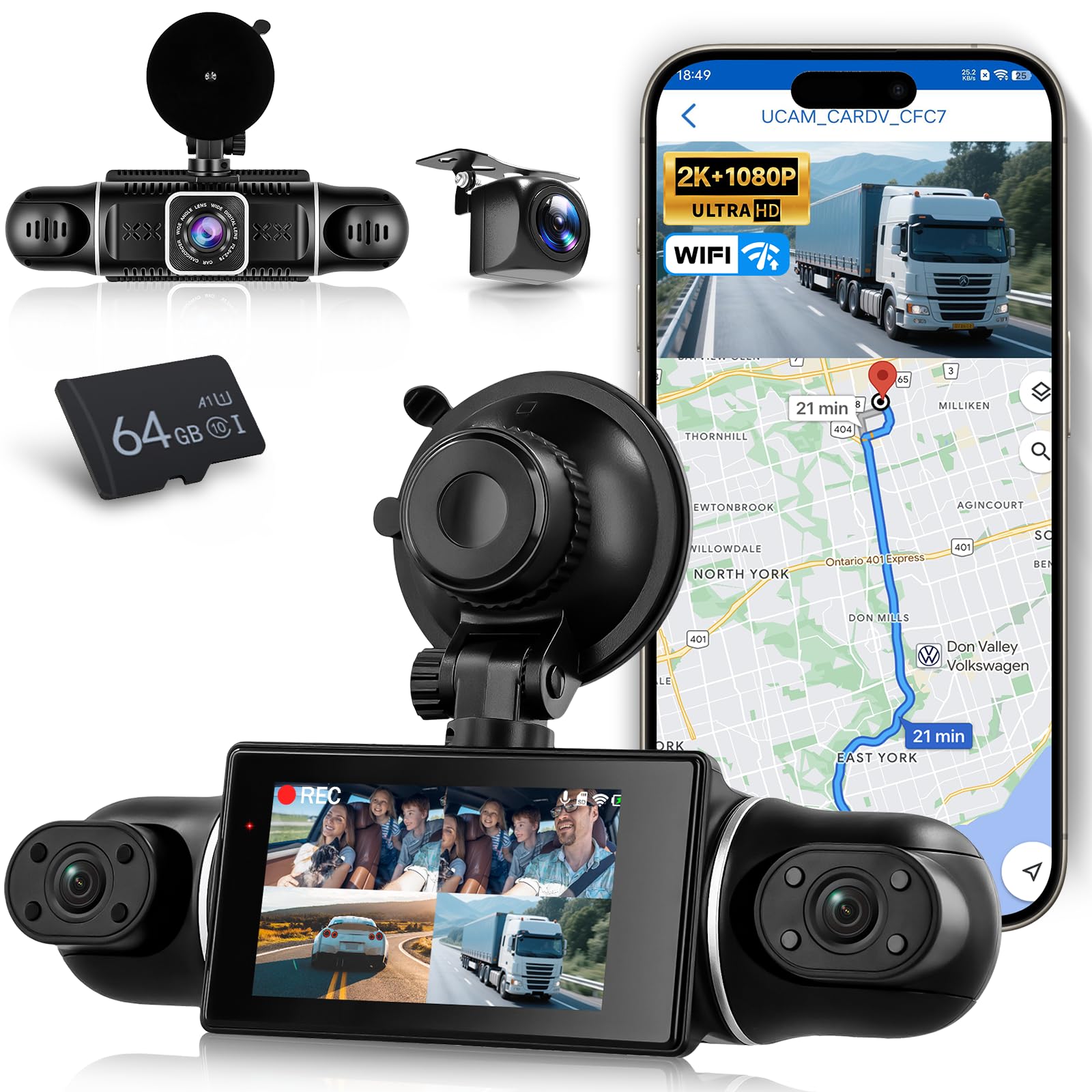 Hodozzy 2K WiFi 4 Canaux Dashcam Voiture, Contrôle Via App Dash Cam Caméra avec Enregistrement en Boucle, Caméra Embarquée 3 Pouces avec Vision Nocturne, Capteur G, Image Miroir, Assistance Arrière