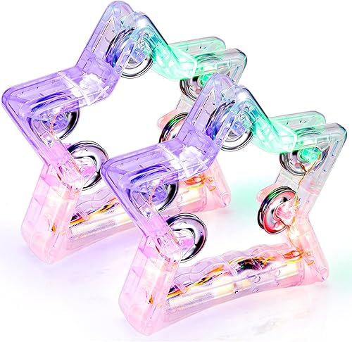 Facmogu Paquete de 2 panderetas iluminadas con 10 jingles de metal, 3 modos LED intermitentes de pandereta musical, instrumento de percusión de
