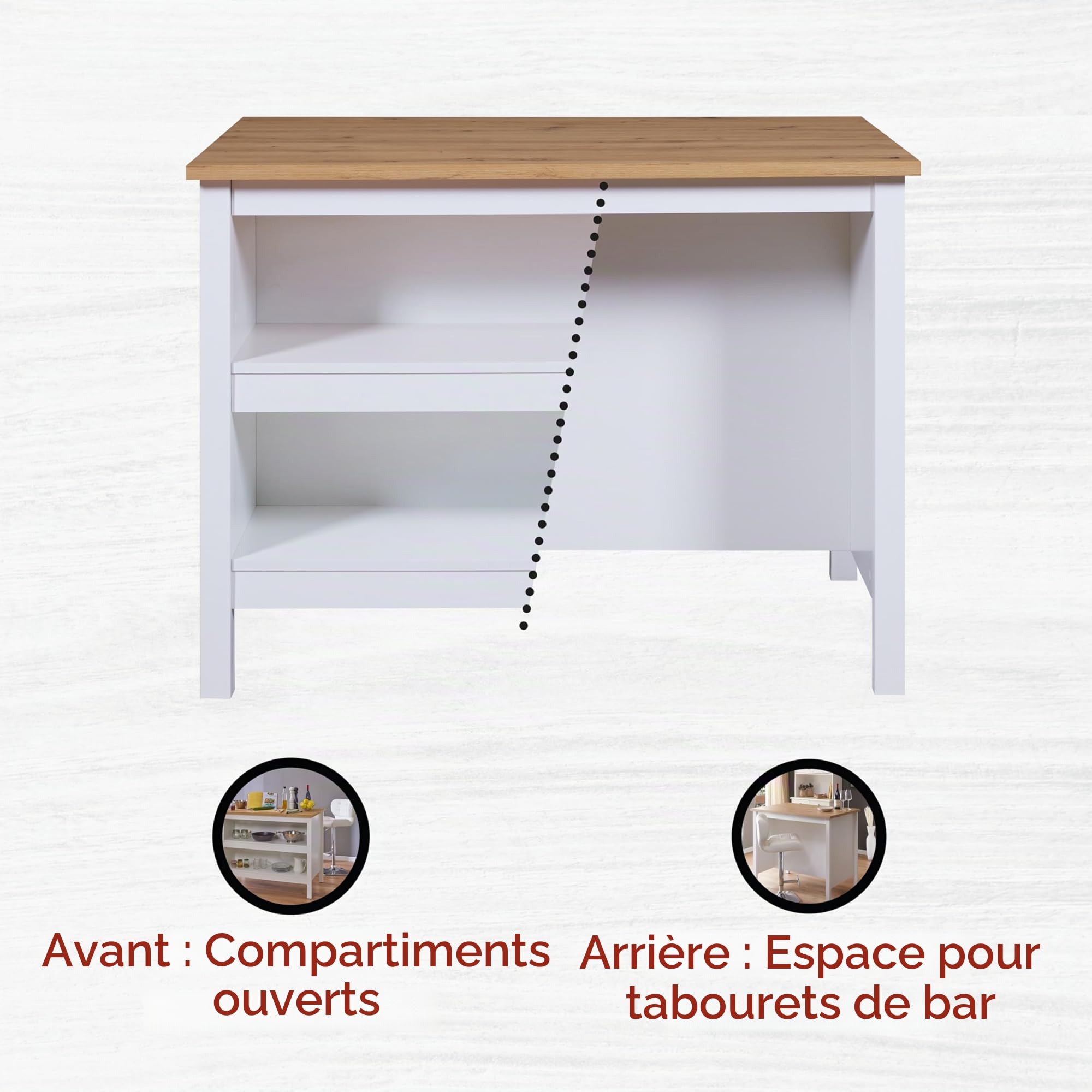 Inter Link - Ilot de cuisine - Ilot central - Plan de travail - Meuble de cuisine avec étagères - Mélaminé - Longueur 124cm - Hauteur 82 cm - Profondeur 75 cm - Julina - Blanc/Chêne Artisan
