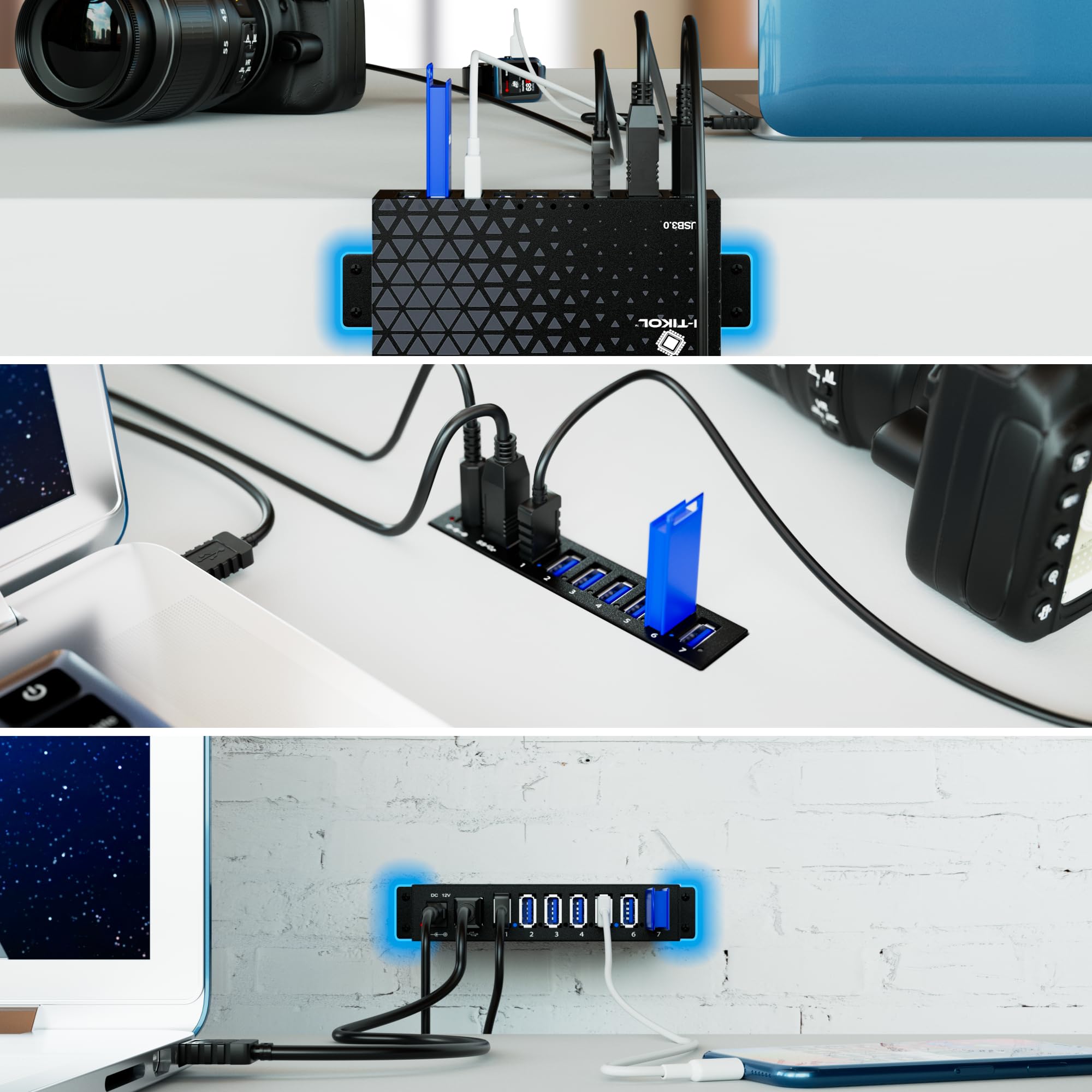 Hub USB 3.0 a 7 porte - Hub USB alimentato - Splitter USB multiplo con adattatore di alimentazione integrato da 12 V/3 A/36 W - Sincronizzazione fino a 5 Gbps e trasferimento dati ad alta velocità -