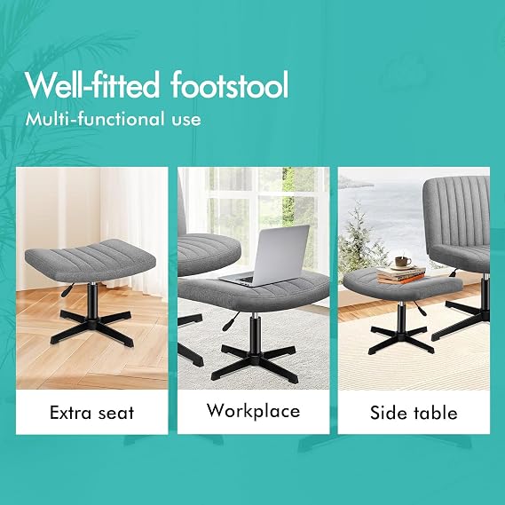 ELFORDSON Cross Legged Office Chair with Footstool, Wide Seat Armless Desk Chairs No Castors, Criss Cross Chair Mid-back Chair for Home Office Lounge, Height Adjustable 360° Rotatable, Linen, Grey