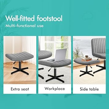 ELFORDSON Cross Legged Office Chair with Footstool, Wide Seat Armless Desk Chairs No Castors, Criss Cross Chair Mid-back Chair for Home Office Lounge, Height Adjustable 360° Rotatable, Linen, Grey