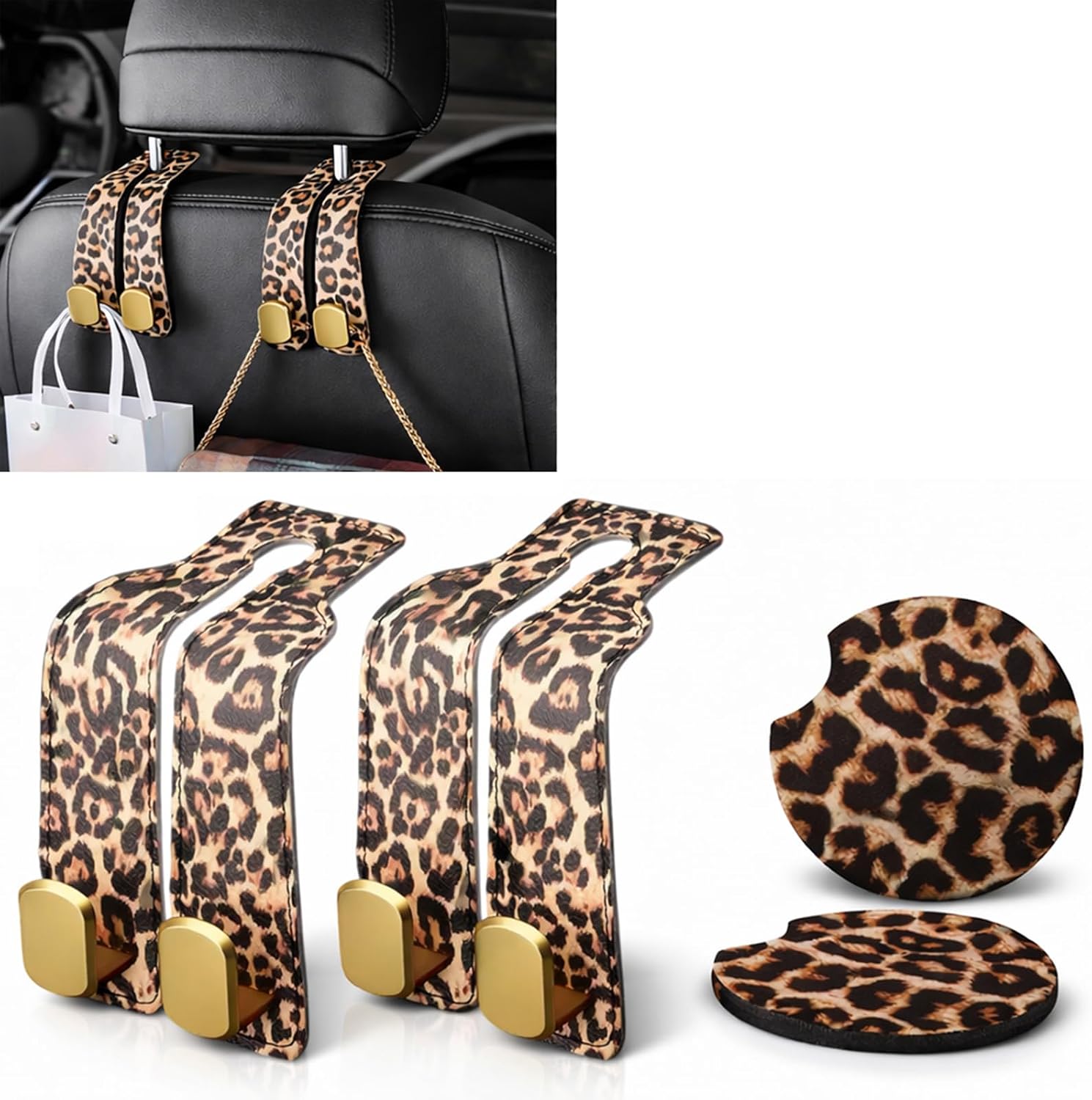 Leopard Print Car Accessories for Women, Leopard Car Accessories Set with 2 Car Seat Headrest Hooks and 2 Cup Holder Coasters, Cute Car Interior Decor for Purses, Bags and Stylish Car Gifts