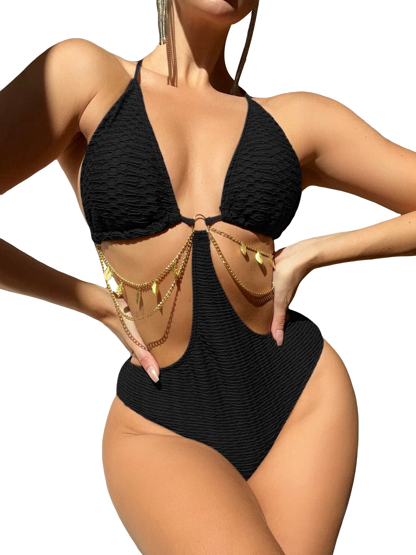 OYOANGLE Women's Chain Linked Cut Out Halter One Piece Swimsuit Tummy Control Bathing Suit