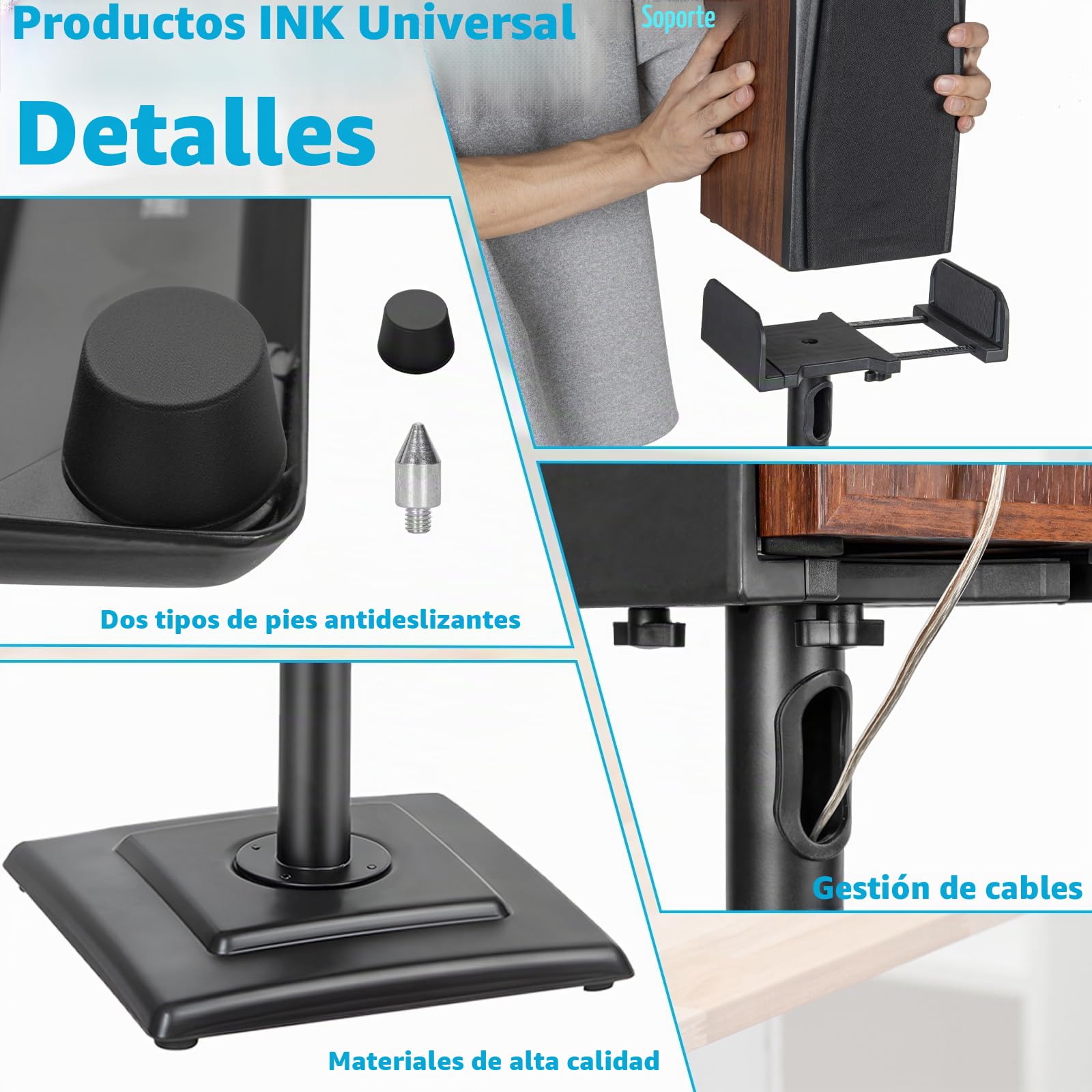 OUUTMEE Soportes de altavoz de altura ajustable 1 par, soporte de pie con bandeja ajustable para altavoces universales de satélite y estantería, soporte de pie para altavoces de estantería de hasta 5