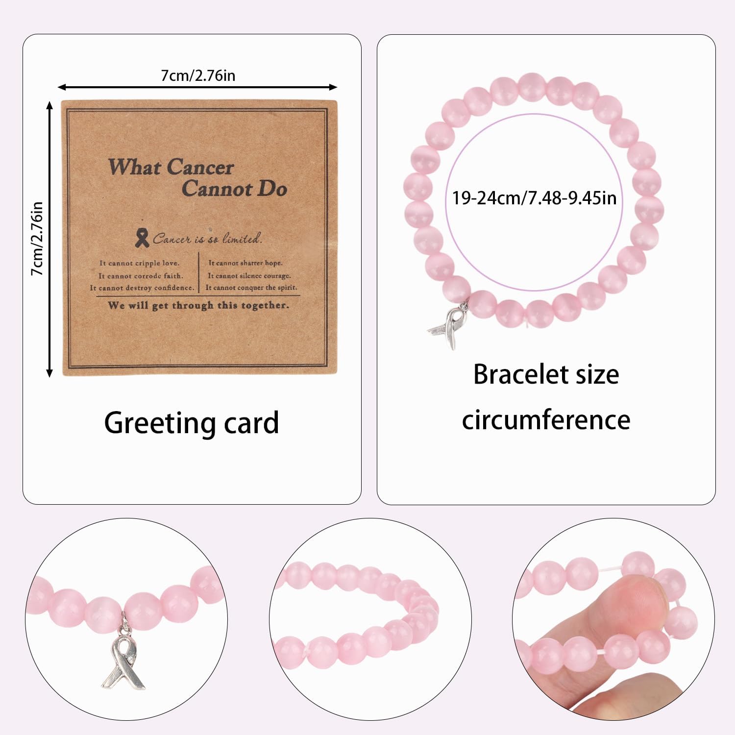 Pink Crystal Bracelet, Rose Quartz Bead Jewelry Inspirational Handmade Elastic Bracelet with Encouragement Card for Women & Men Gifts - Image 2