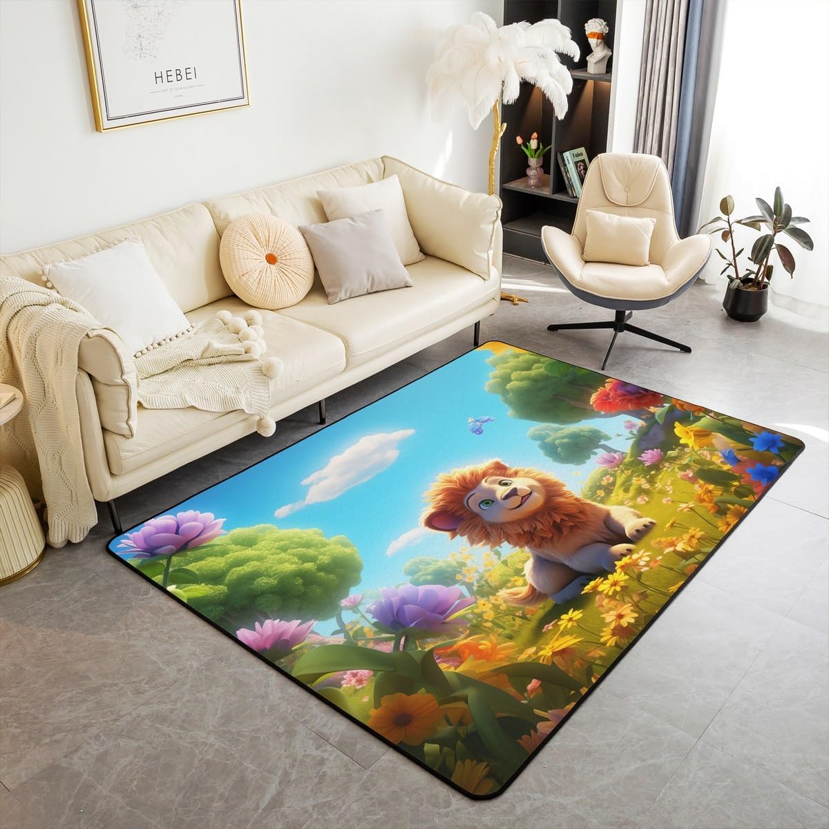 Feelyou Cute Lion Living Room Rugs Blue for Kids Boys Girls 3D Wild Animal Pattern Decorative Rug Wildlife Style Decor Indoor Floor Mat Area Rug 3x5