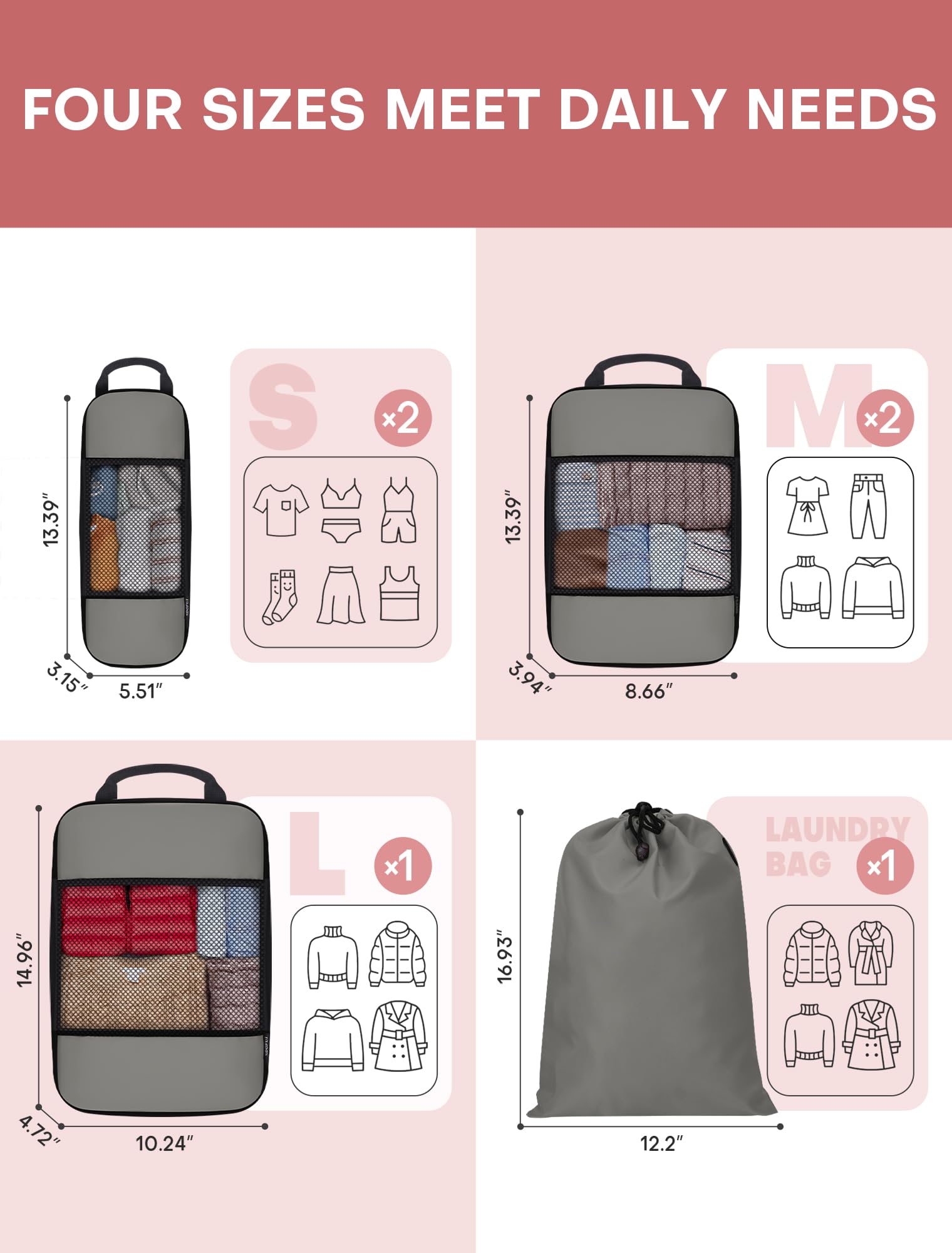 SDGFUI 4 Set/6 Set/8 Set di Cubi di Imballaggio di Compressione per Viaggio, Bagagli Da Viaggio Cubi di Compressione, Grigio, 6 Set, Da viaggio