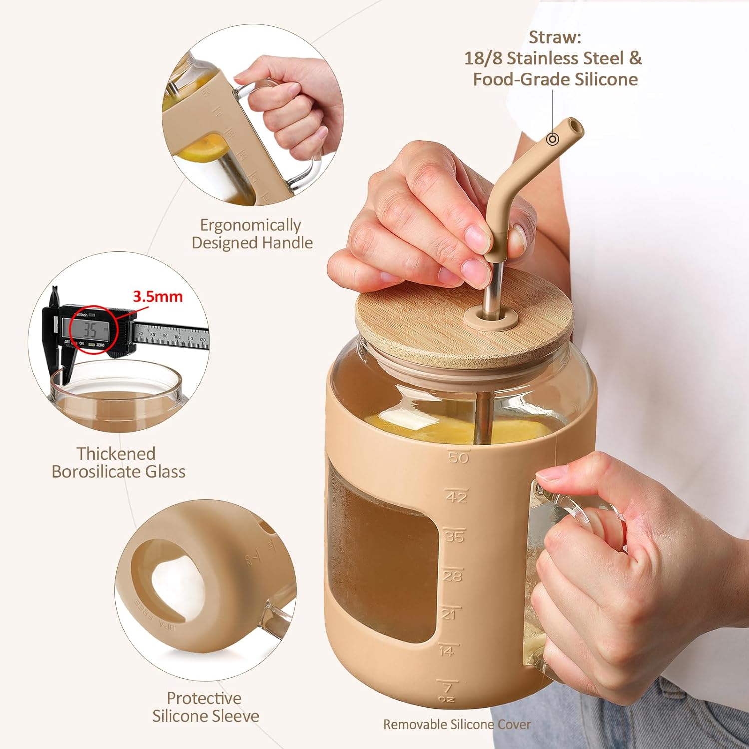 50 oz Glass Water Bottles with Silicone Sleeve,Glass Tumbler with Lid and Straw,Iced Coffee Cup with Handle,BPA Free-Amber - Image 2