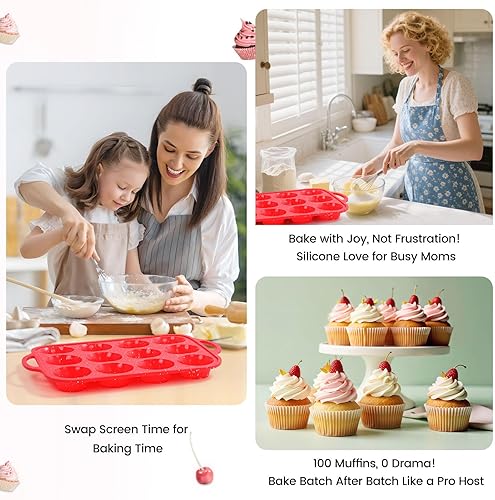 Vista 50 de Molde de silicona jumbo para magdalenas con marco de metal, antiadherente de silicona de grado alimenticio, juego de 2, con asas, 6 tazas, sin BPA