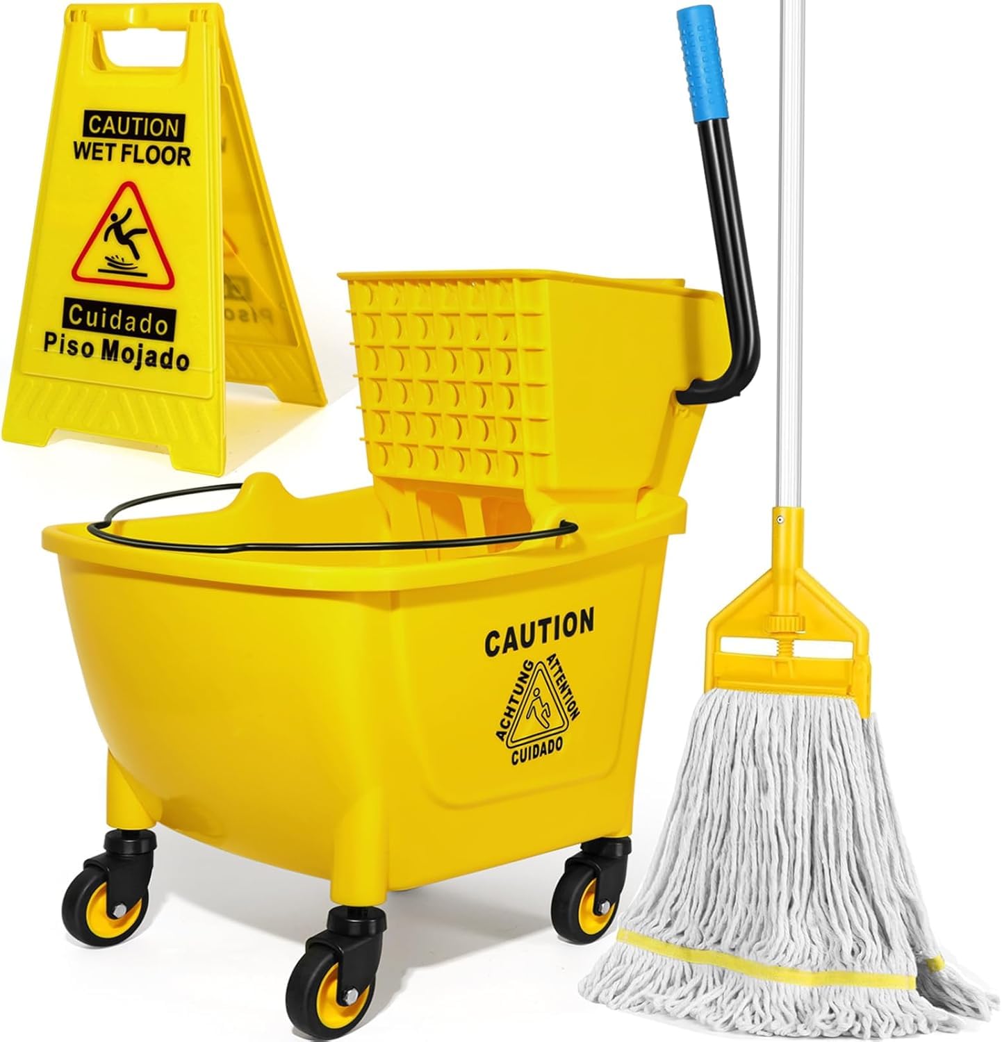 SOBONNE 35Qt Commercial Mop Bucket with Side Press Wringer on Wheels Yellow