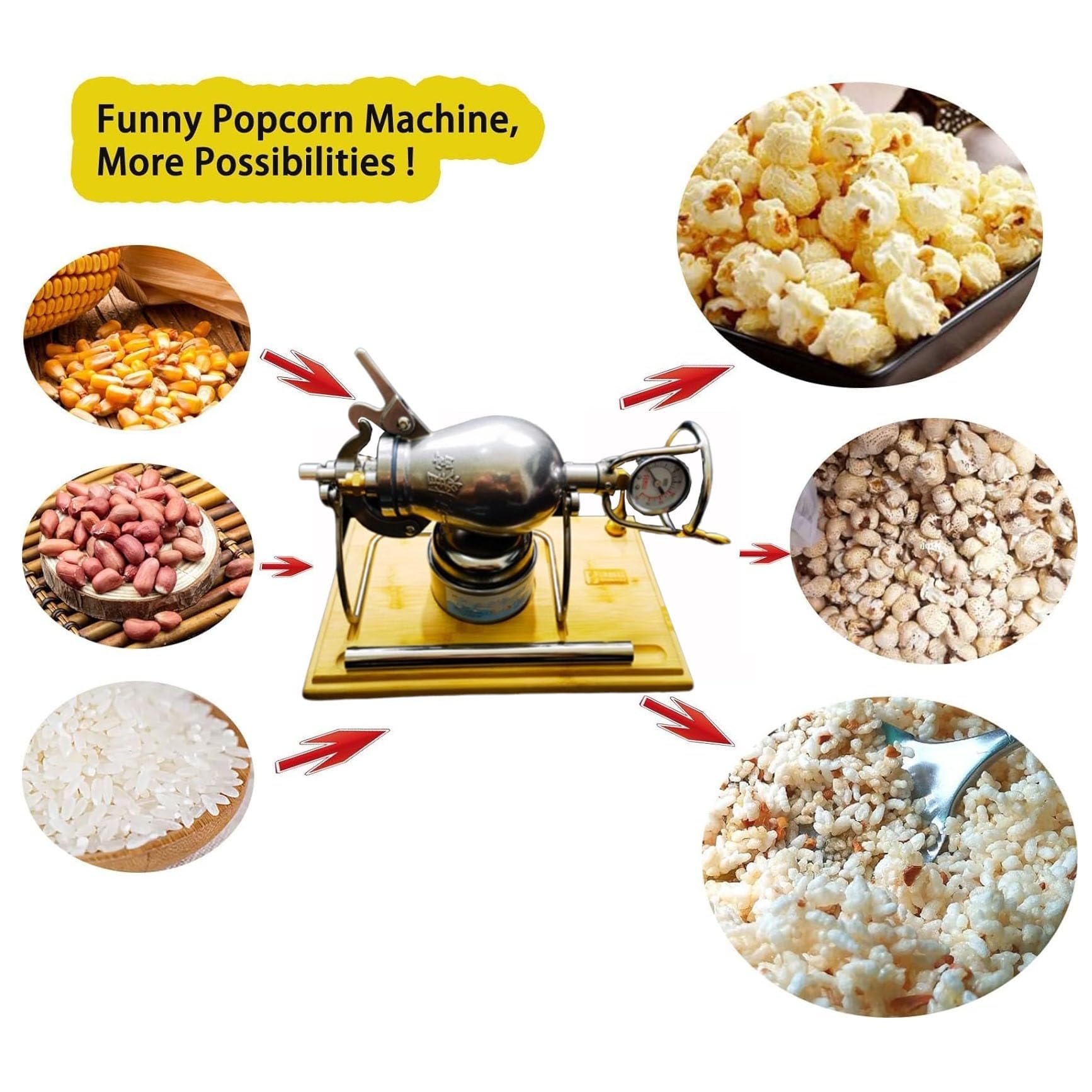 Ręczny Popcorn O Pojemności 320ml, Z Korbą, Podstawa Z Drewnianej Deski Mini Wysokociśnieniowa Maszyna Do Robienia Popcornu Ze Stali Nierdzewnej, Z Manometrem, Ogrzewanie Gazowe Slow